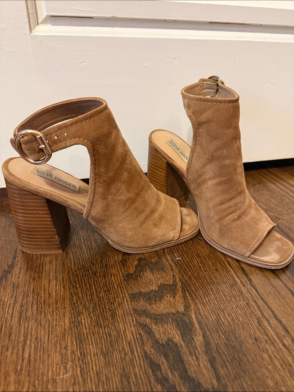 Steve Madden Tan Suede Open-Peep Toe Block Heel Sandals